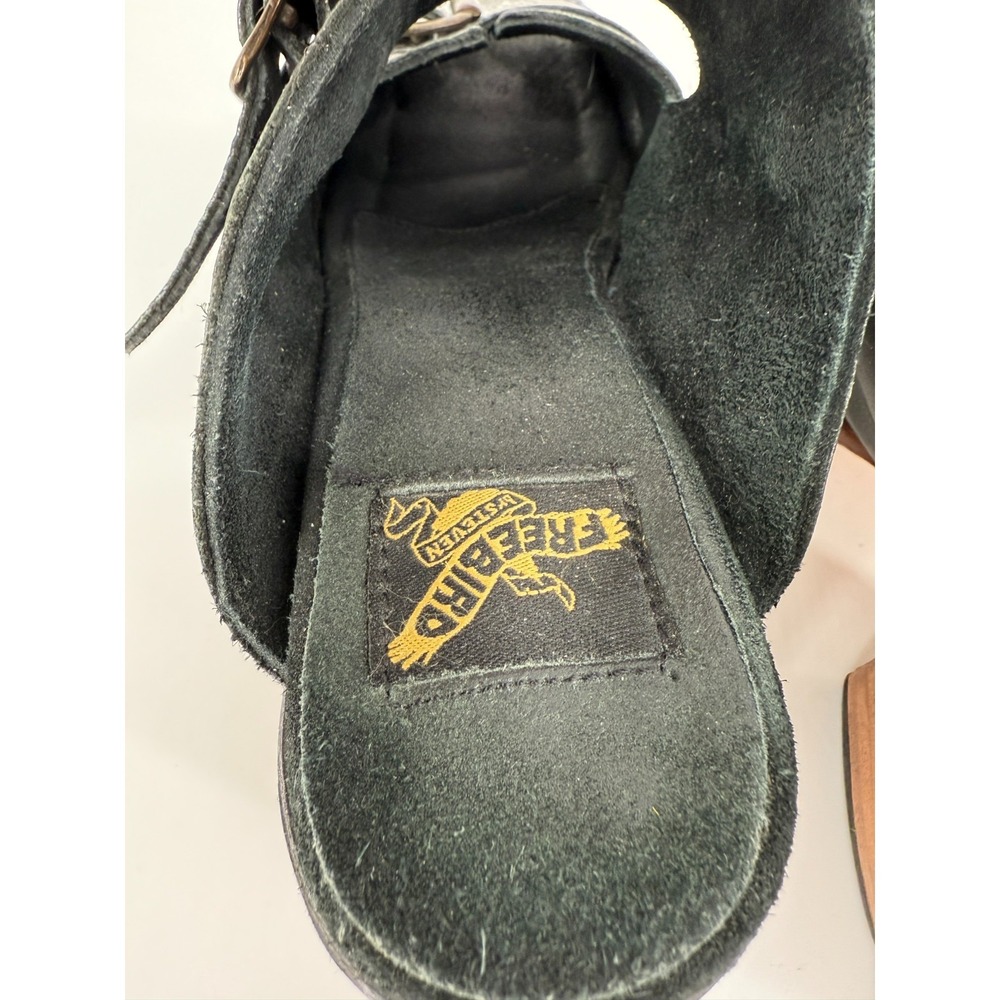 Freebird by Steven Caprice Buckle Sandals Wood Heel Womens 9  Leather Black Boho - Picture 6 of 13